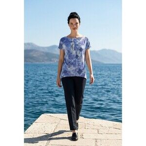 Classique Women’s Blue Western Tunic Top Size S Asymmetrical Hem Retro Casual